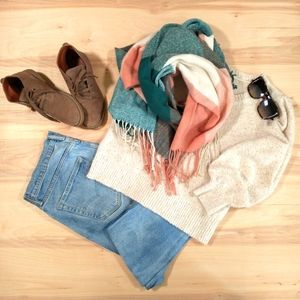 Oversized Plaid Tassle Scarf, Peach, Cream and Green